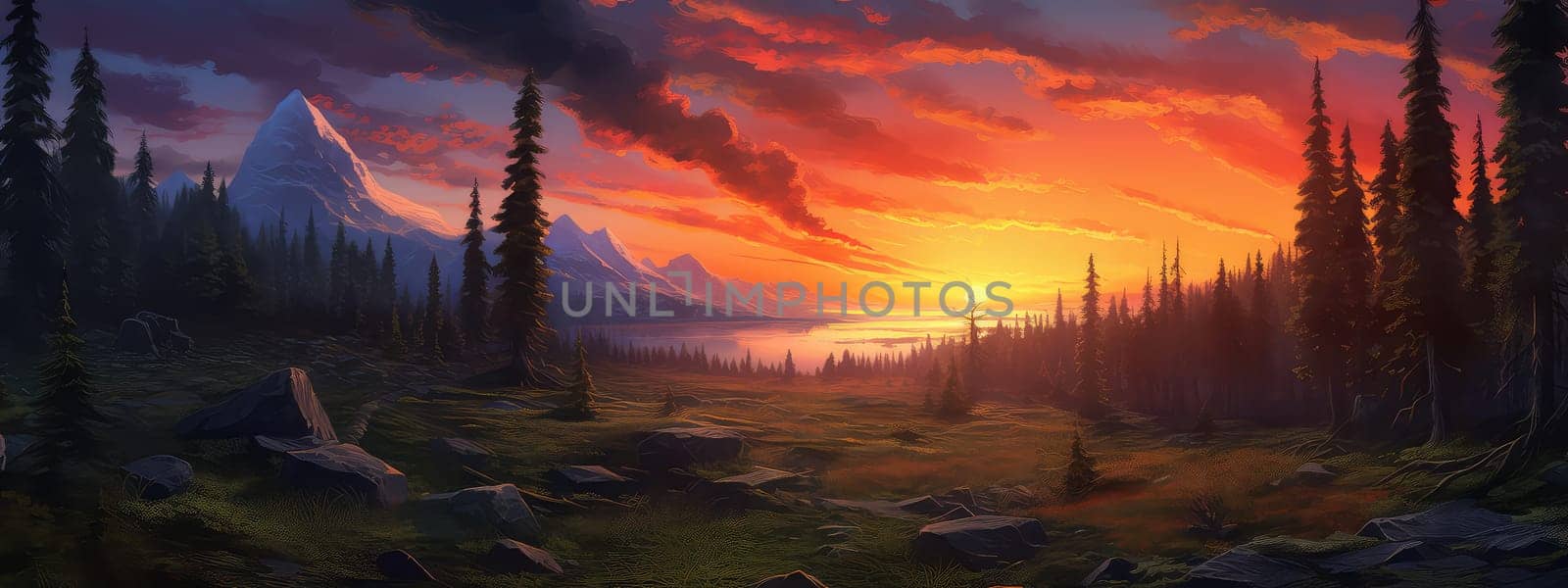 Dense ancient forest at sunset photo realistic illustration - Generative AI. Forest, pines, sunset, mountain, stone.