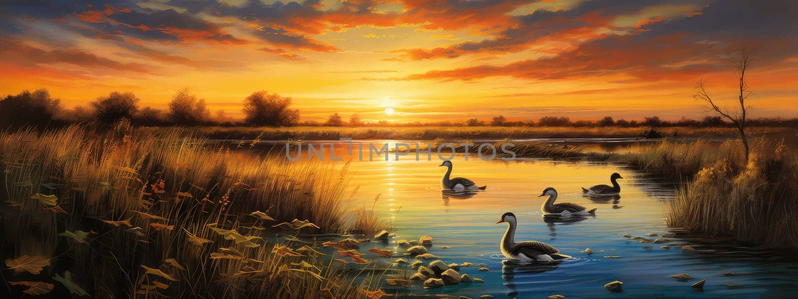 Serene wetland at sunset photo realistic illustration - Generative AI. by simakovavector