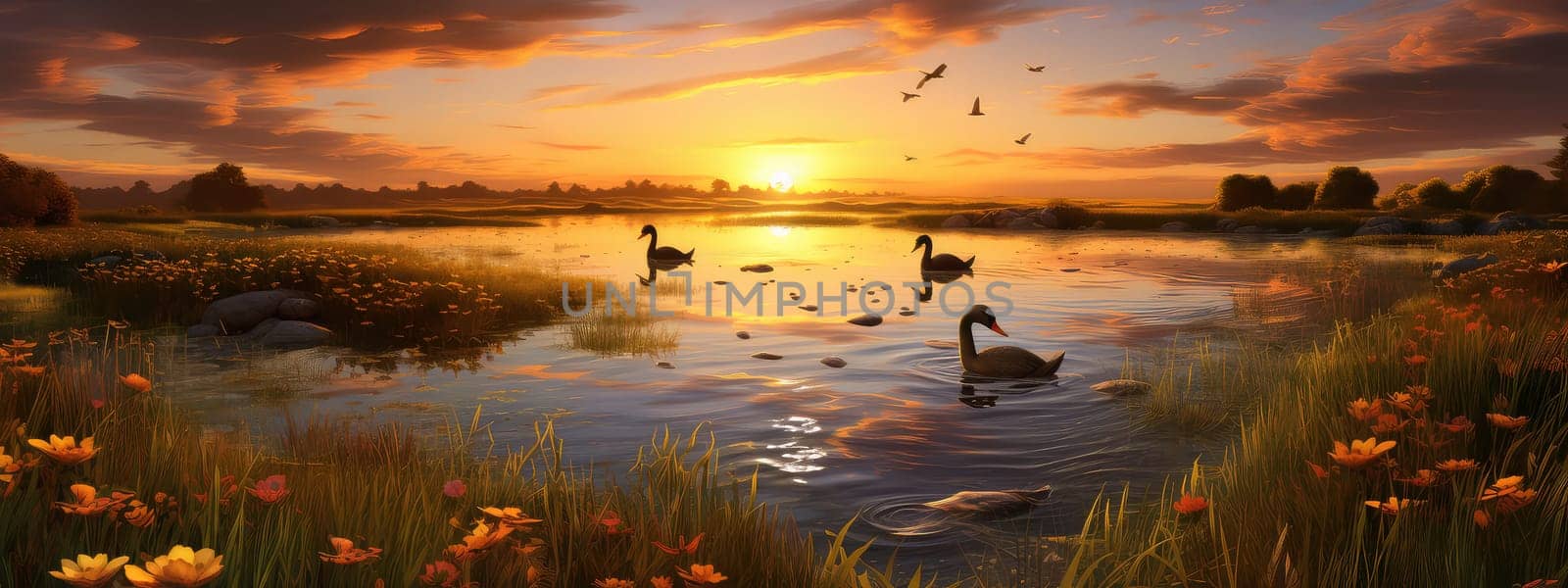 Serene wetland at sunset photo realistic illustration - Generative AI. Waterfawl, lake, sunset, lily, sky.