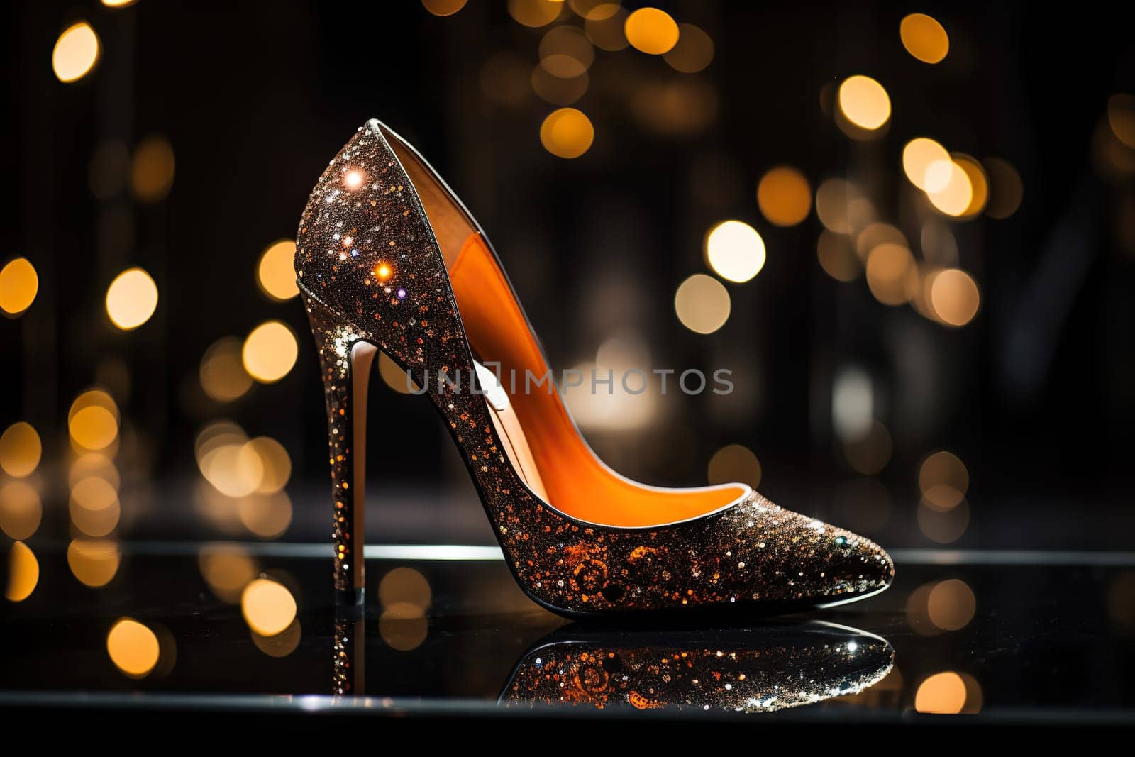 Beautiful elegant women's shoes made of golden leather with high heels, standing on a mirror surface. Festive women's shoes. Side view by Vovmar