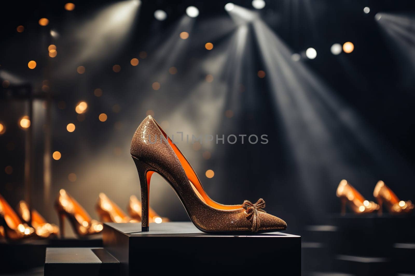Beautiful elegant shiny women's high-heeled shoes standing on a mirrored podium in the rays of spotlights. Fashion show. Festive women's shoes. Side view. Generated by artificial intelligence