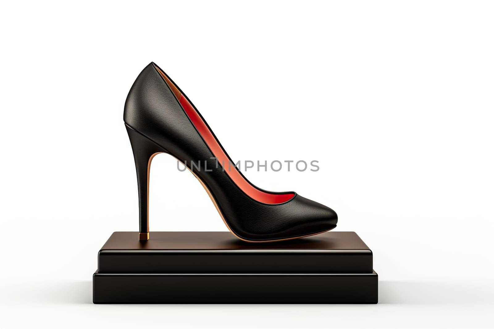 Beautiful elegant black women's high heel shoes standing on a black podium. White background. Side view. Generated by artificial intelligence