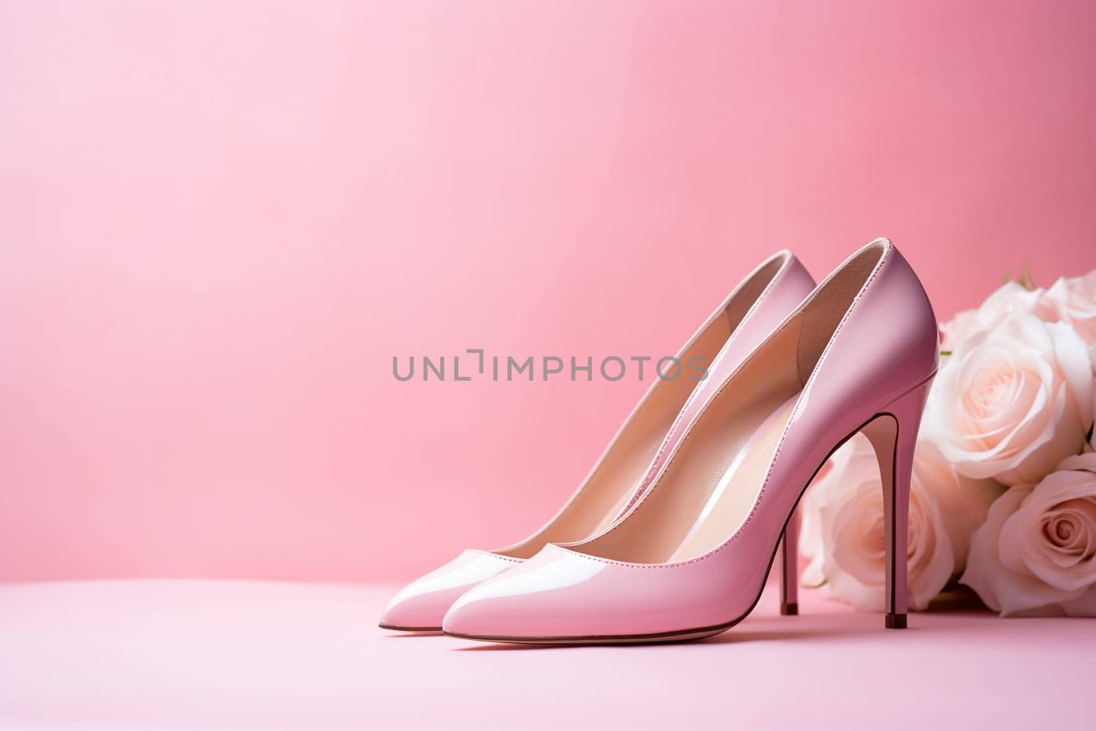 Elegant women's shoes made of pink leather on a pink background with a bouquet of roses. Women's wedding shoes, side view. Generated by artificial intelligence