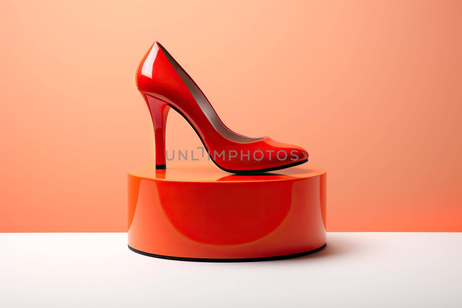 Beautiful elegant red women's high heel shoes standing on a red podium. Side view. Generated by artificial intelligence