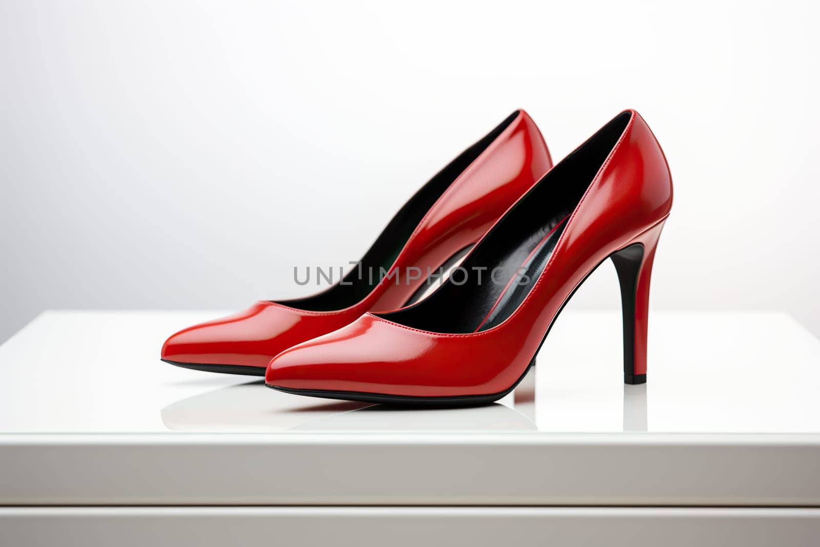 Beautiful elegant red women's high heel shoes standing on a white podium. Side view by Vovmar