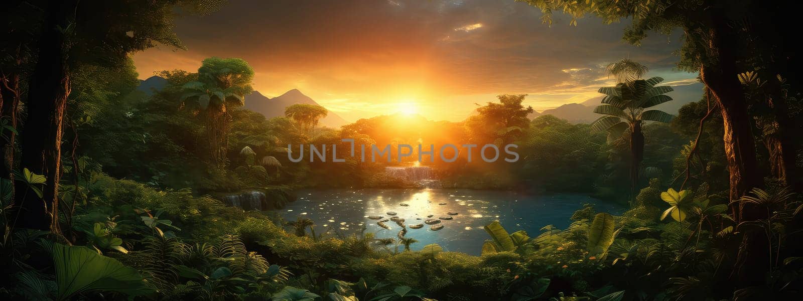 Journey into the heart of a dense jungle at sunset photo realistic illustration - Generative AI. by simakovavector