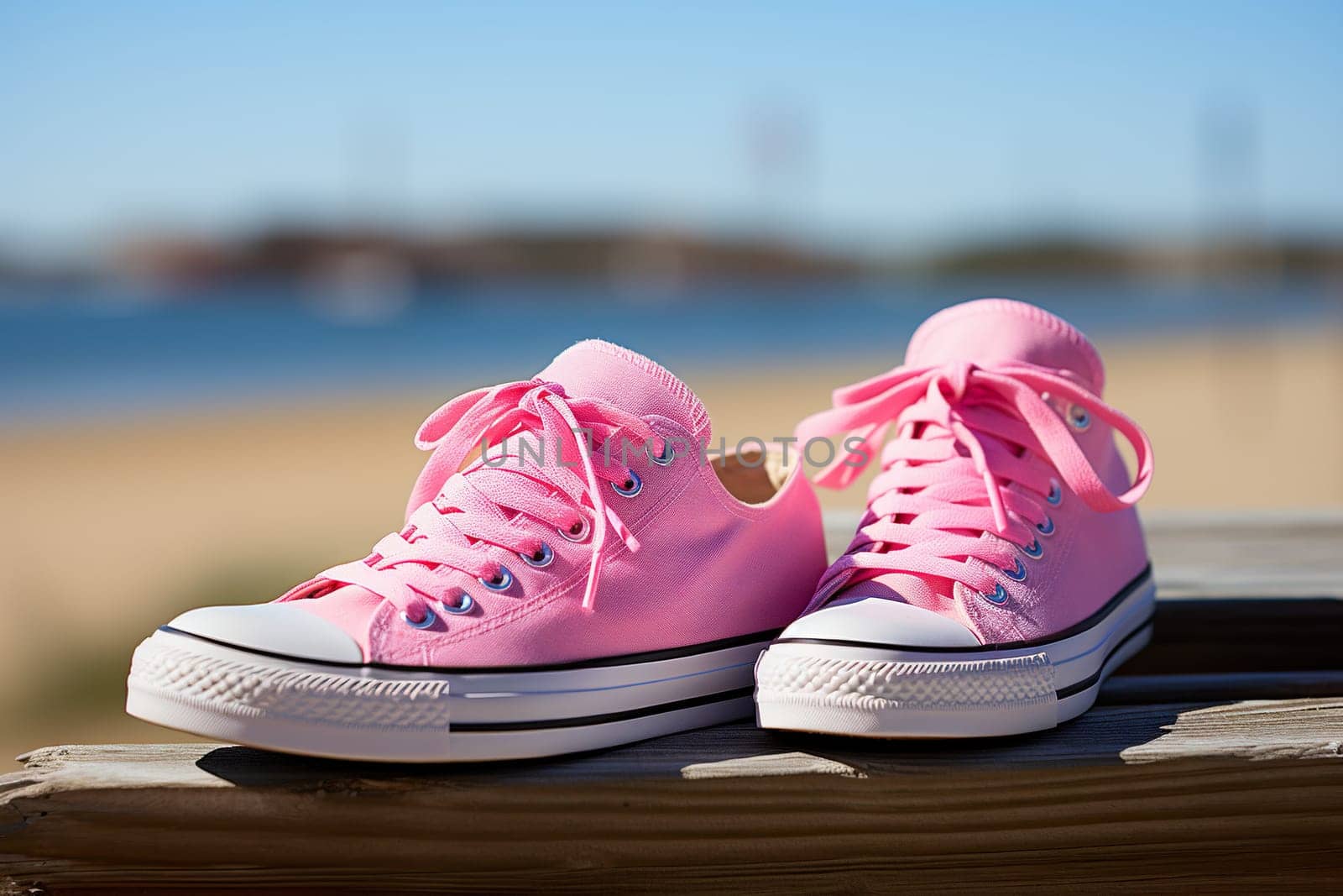 Pink women's sneakers without logo on wood. Blurred background. Youth shoes. by Vovmar