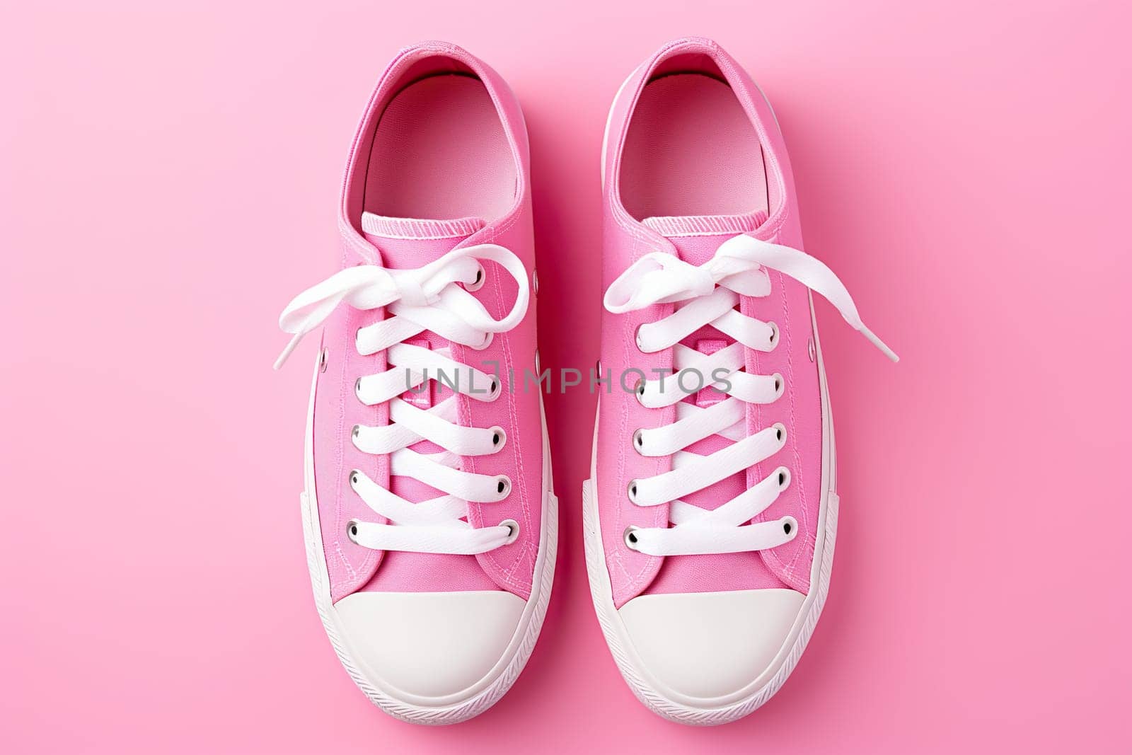 New pair of pink woman sneakers on pink background. Lifestyle, sneaker sport shoe. Top view by Vovmar