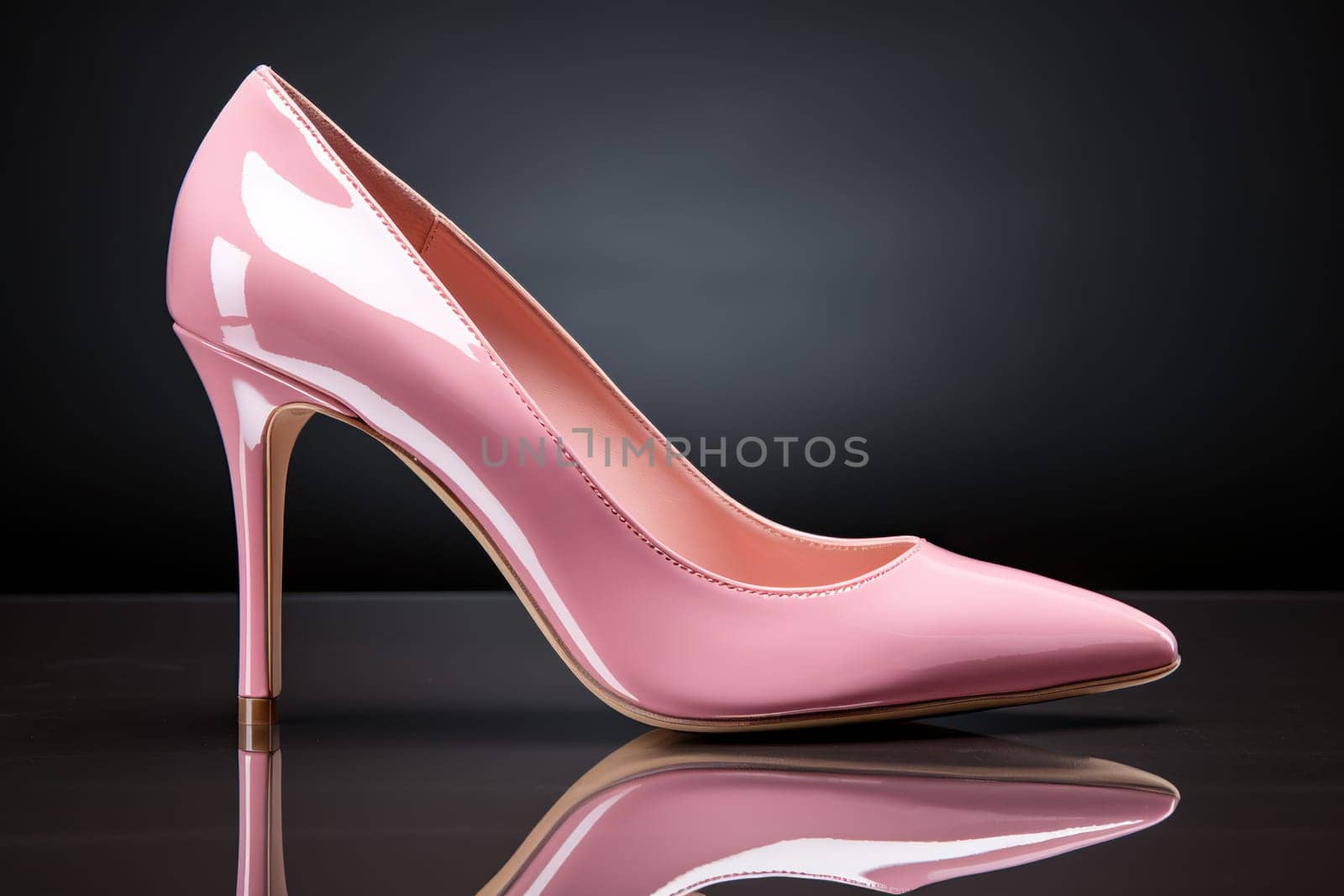 Beautiful elegant pink women's high heel shoes standing on a black podium. Side view. Generated by artificial intelligence