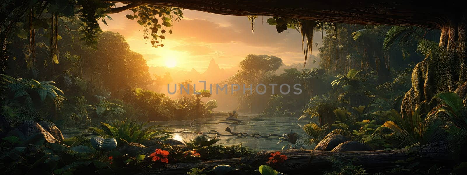 Journey into the heart of a dense jungle at sunset photo realistic illustration - Generative AI. by simakovavector