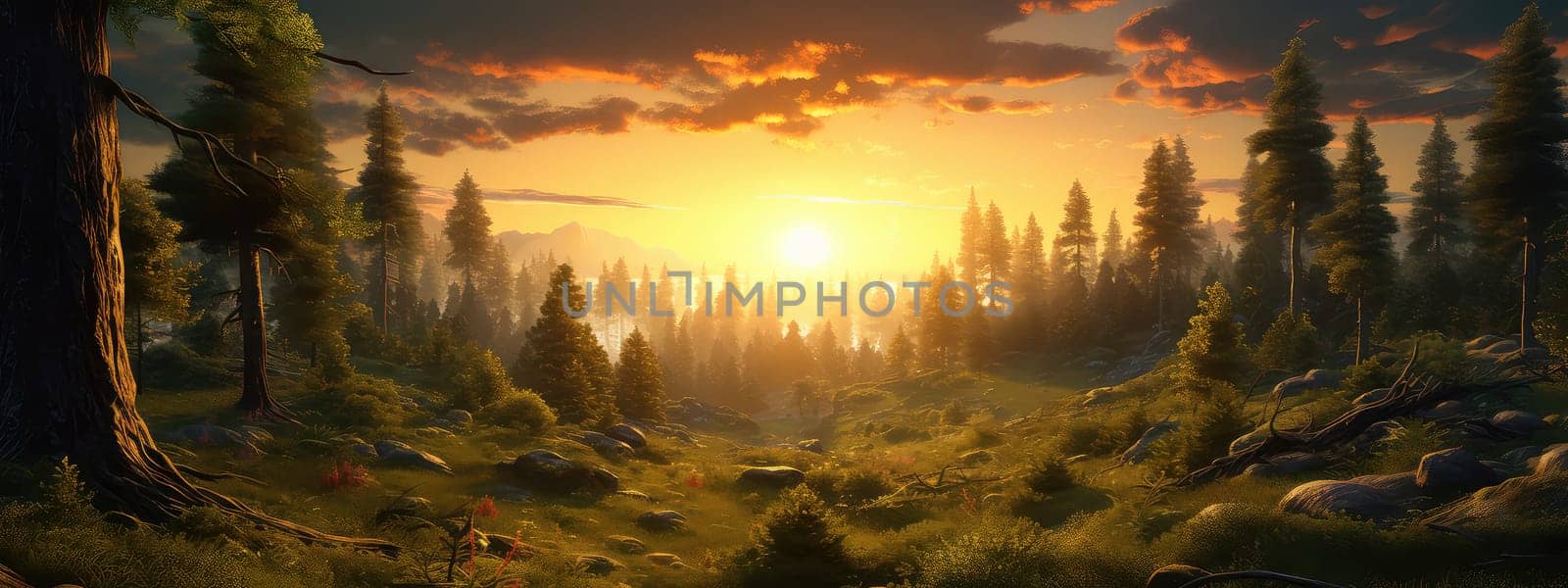 Journey into the heart of a dense rainforest at sunset photo realistic illustration - Generative AI. by simakovavector