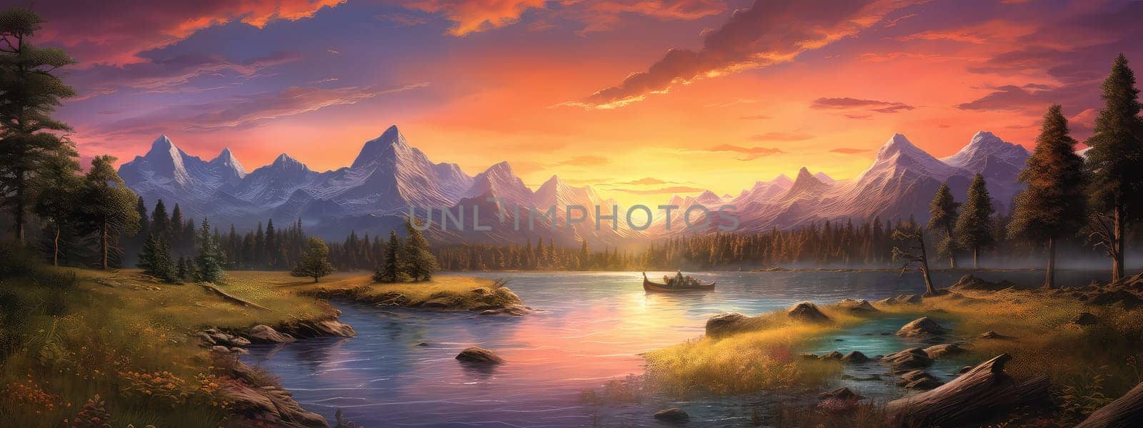 Wild river at sunset photo realistic illustration - Generative AI. by simakovavector