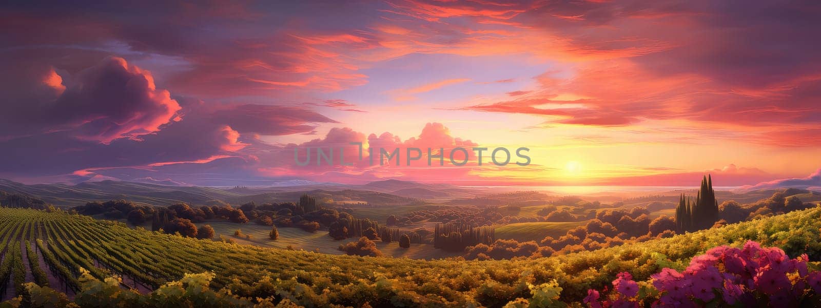Tranquil vineyard at dusk photo realistic illustration - Generative AI. by simakovavector