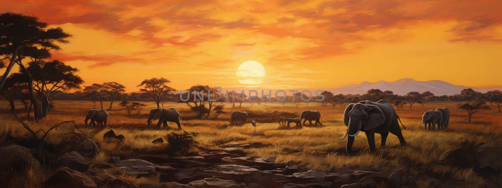 African plains at sunset photo realistic illustration - Generative AI. African, plains, elephants, orange, sunset.