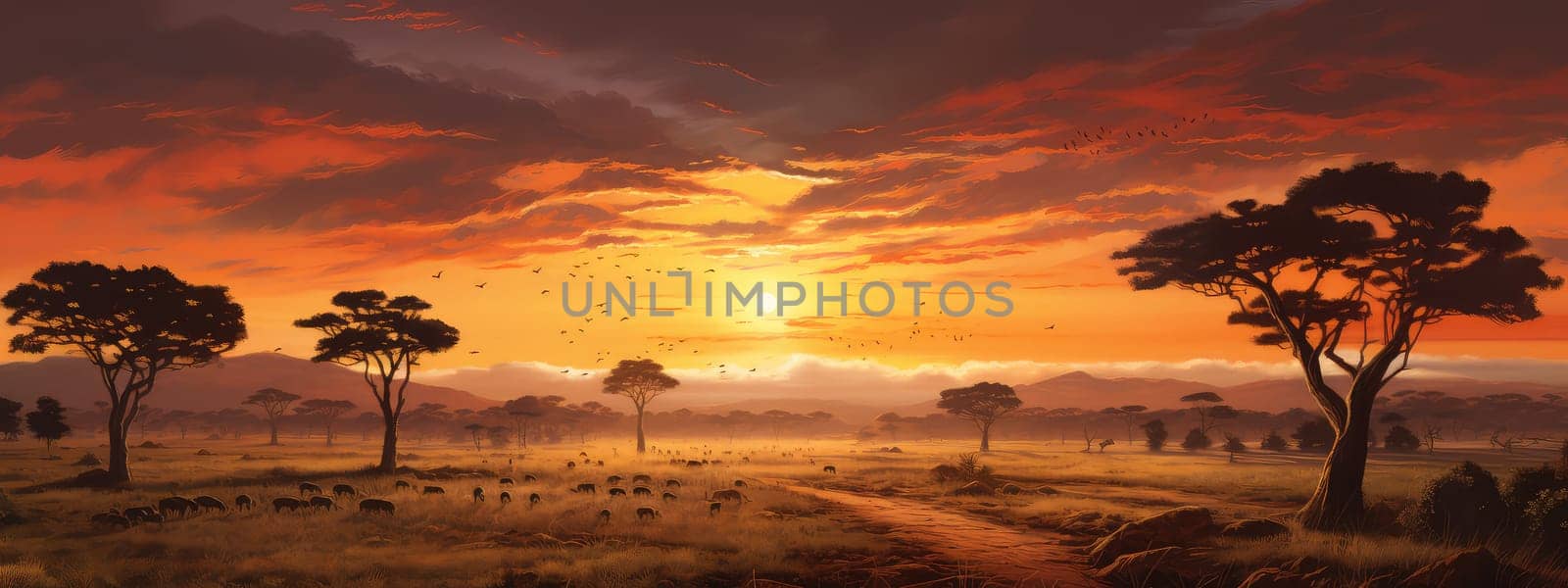 African plains at sunset photo realistic illustration - Generative AI. by simakovavector