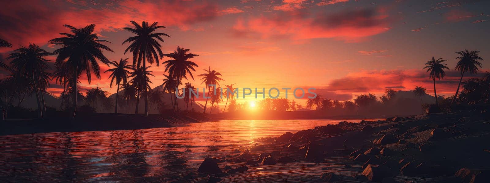 Desert oasis at sunset photo realistic illustration - Generative AI. Desert, oasis, water, palms, sunset.