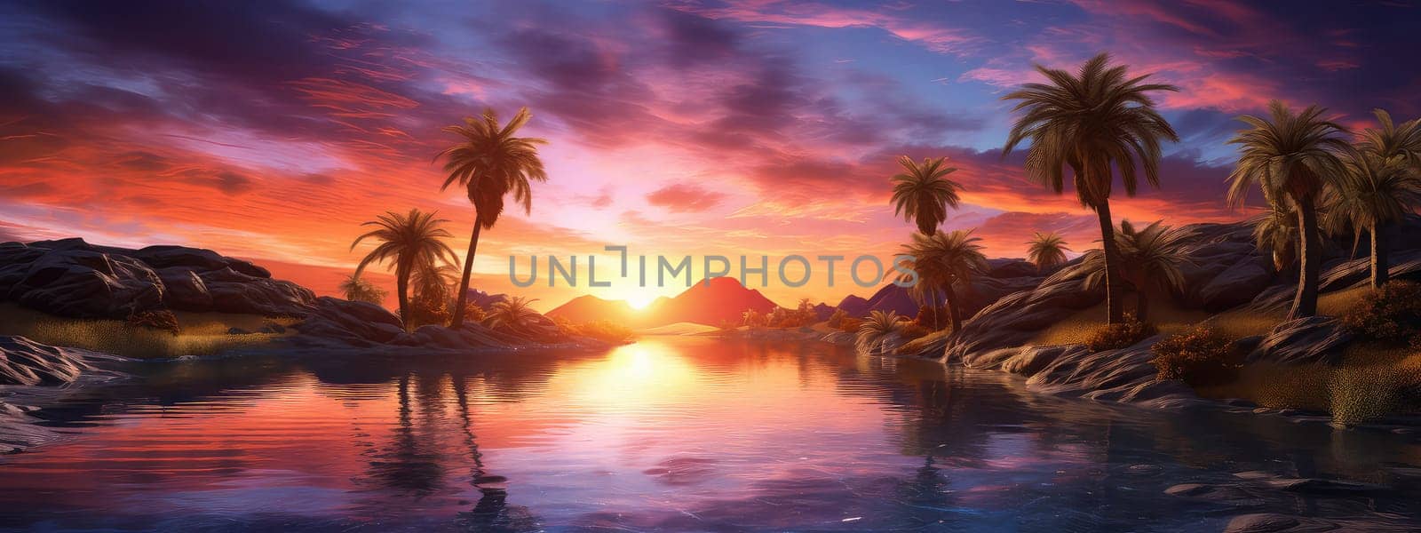 Desert oasis at sunset photo realistic illustration - Generative AI. Desert, oasis, water, palms, sunset.