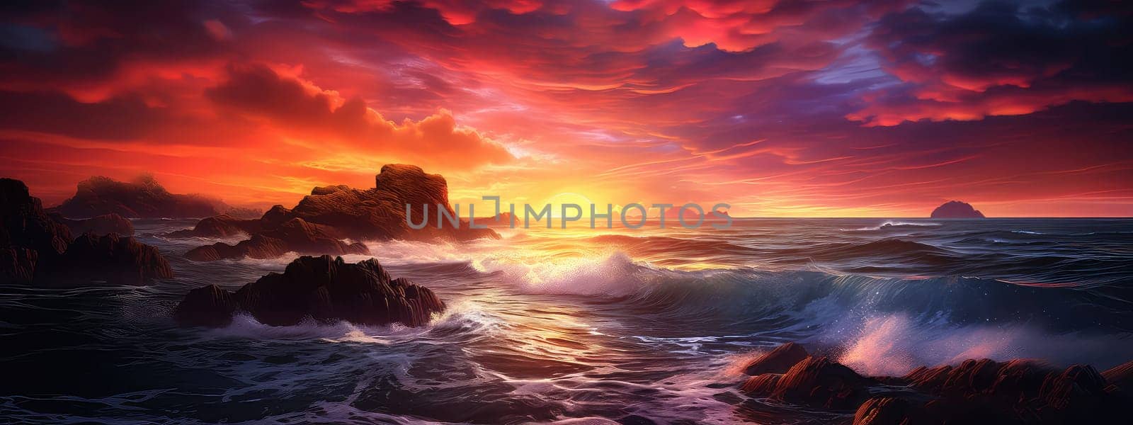 Coastline cliff at sunset photo realistic illustration - Generative AI. by simakovavector