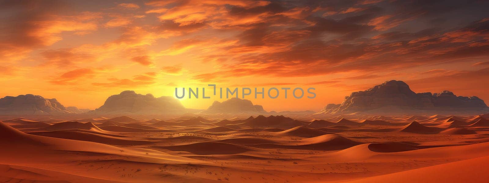 Desert landscape at dusk photo realistic illustration - Generative AI. Sunset, desert, red, sand, mountain.
