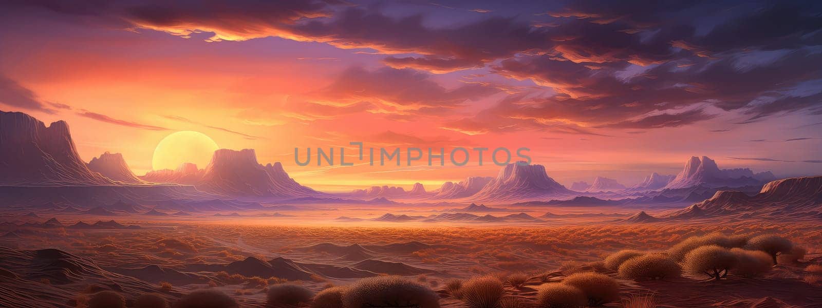 Desert landscape at dusk photo realistic illustration - Generative AI. by simakovavector