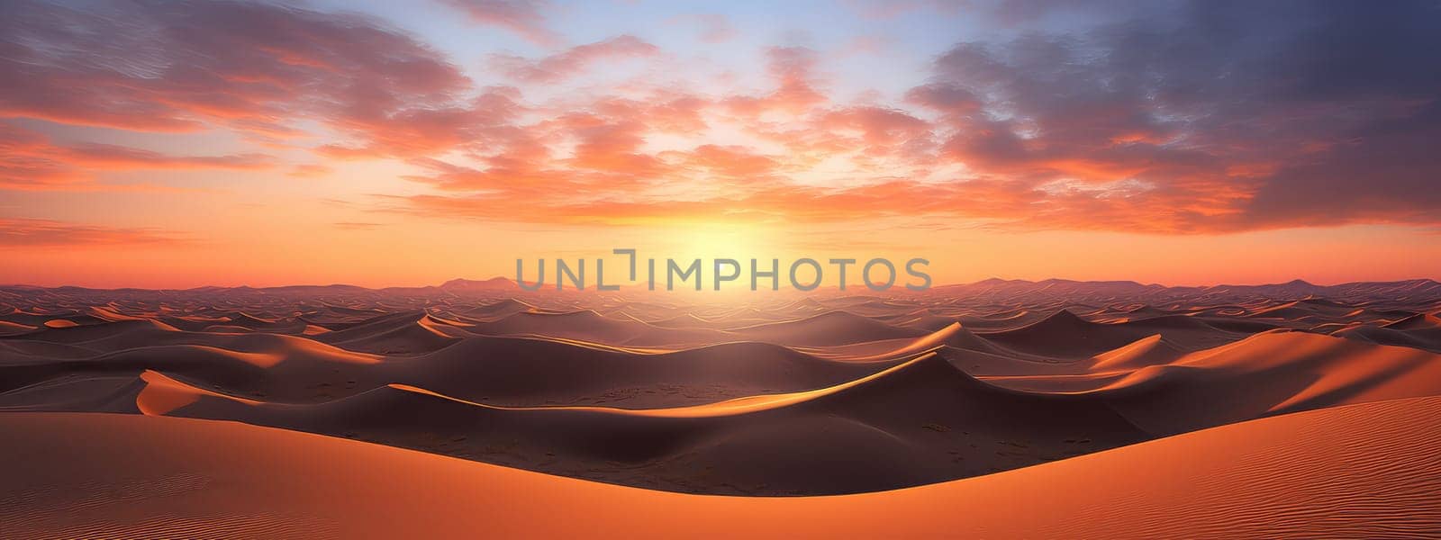 Desert landscape at dusk photo realistic illustration - Generative AI. Sunset, desert, red, sand, mountain.