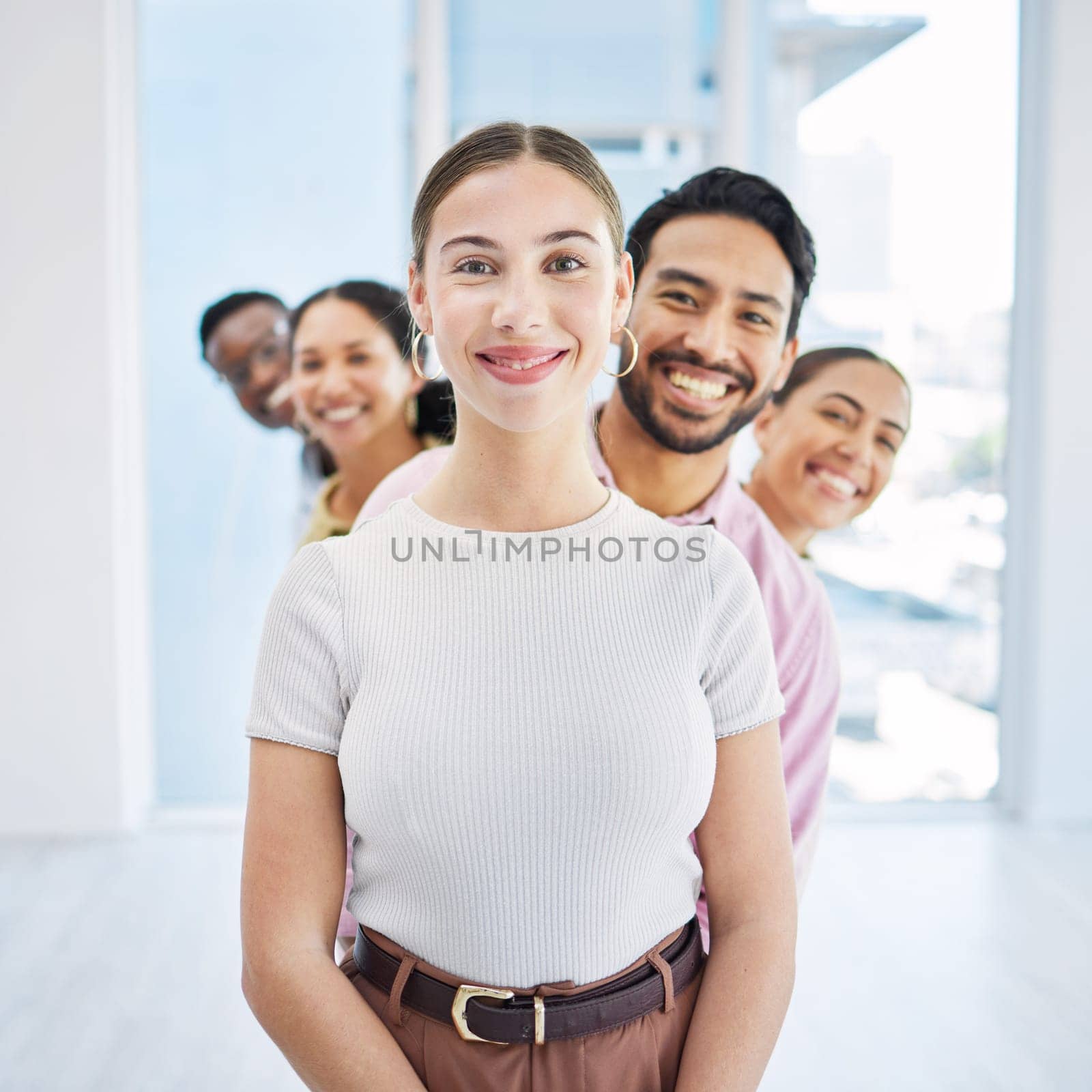 Business, people and team building in row in office with portrait, diversity and happiness for collaboration at company. Face, men or women standing for teamwork, confidence and partnership at job.