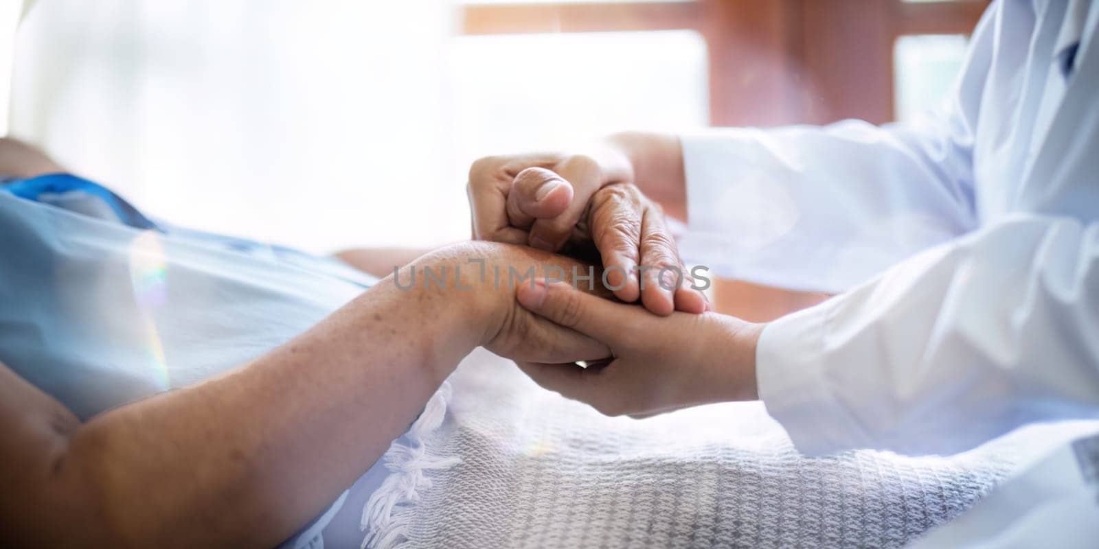 Empathy, trust and nurse caregiver holding hands with patient. consulting support and healthcare advice. Kindness, counseling and medical therapy in nursing home for hope, consultation and psychology.