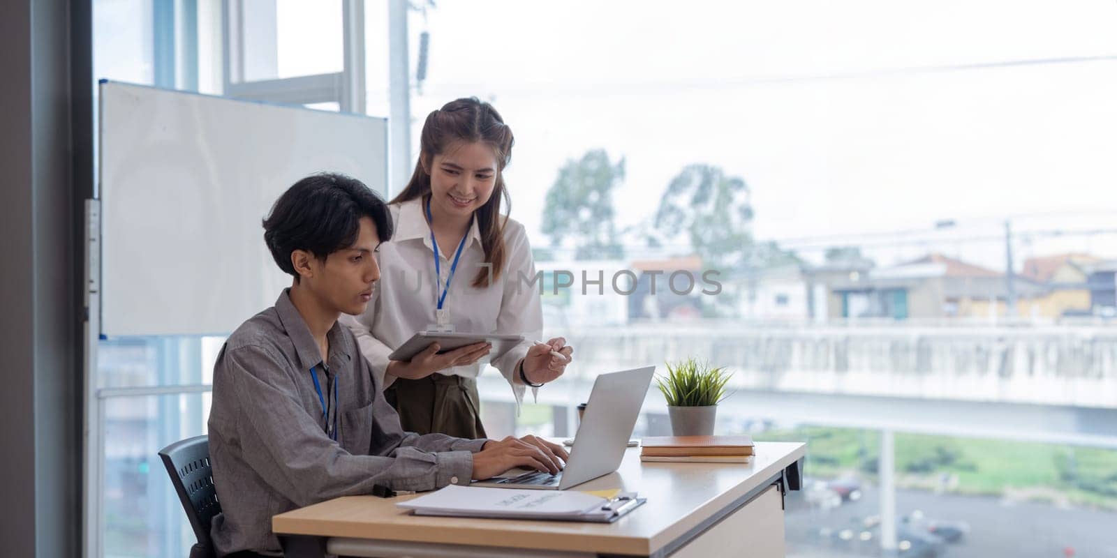 Teamwork asian business men and women, accounting concept, doing planning analyzing the financial report, business plan investment, finance analysis financial in office.