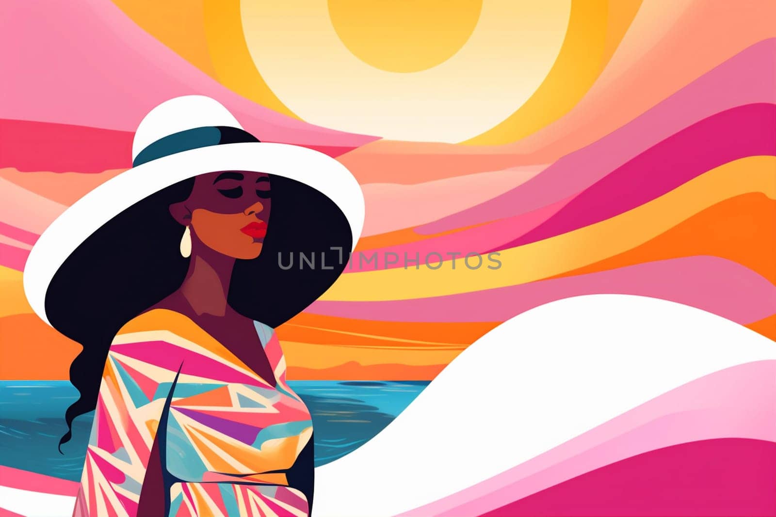 swim woman hat water black cartoon beach concept young person tanned sun banner background model female body sexy vacation beige summer. Generative AI.