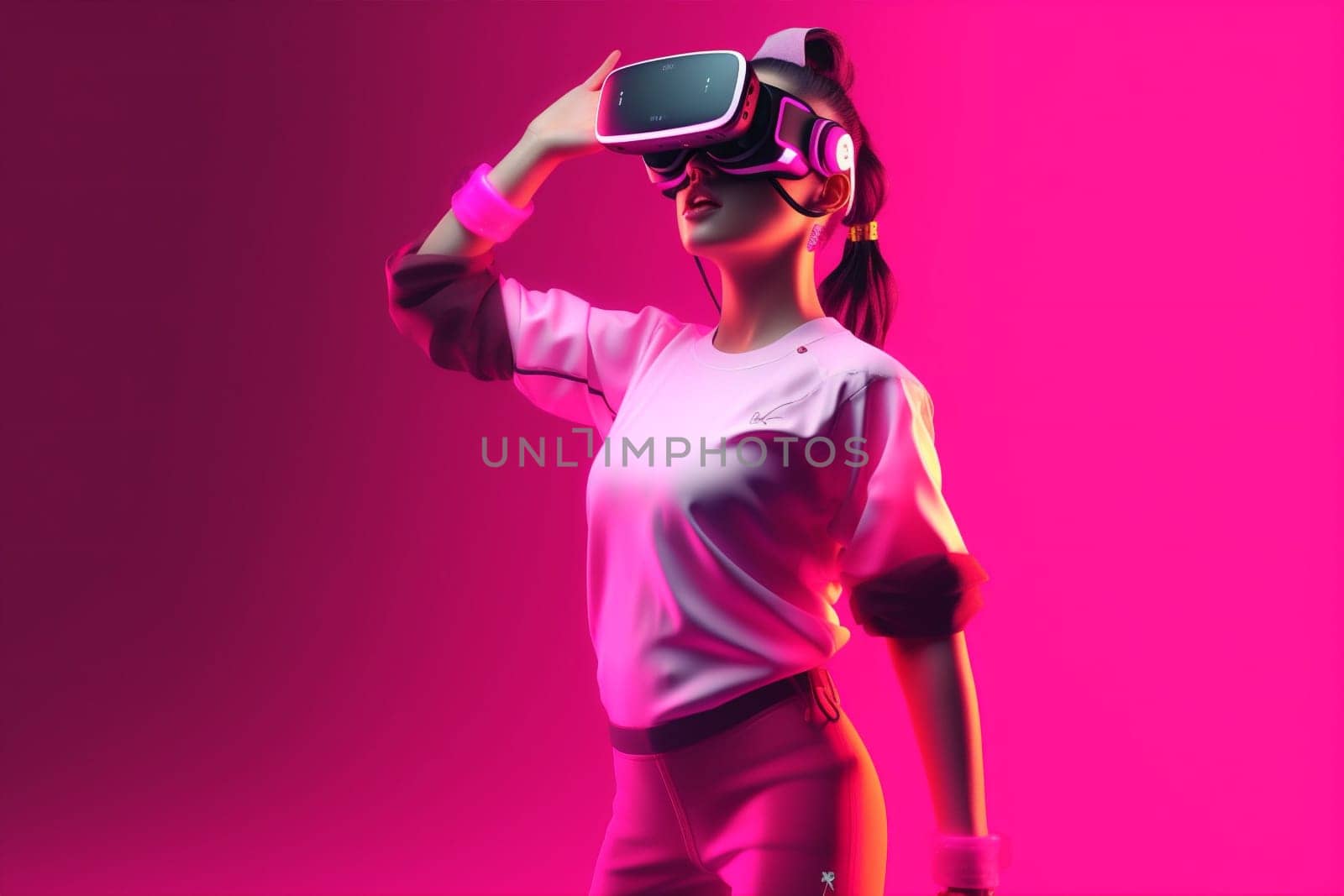 game woman digital virtual glasses tech vr reality sport neon innovation. Generative AI. by Vichizh