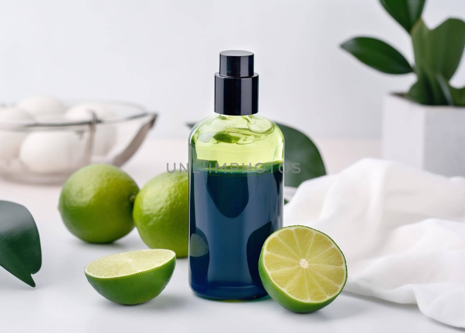 essence massage aroma oil leaf wellness bottle medicine vitamin spa skincare lemon treatment herbal vegan body organic shower gel natural lime. Generative AI.