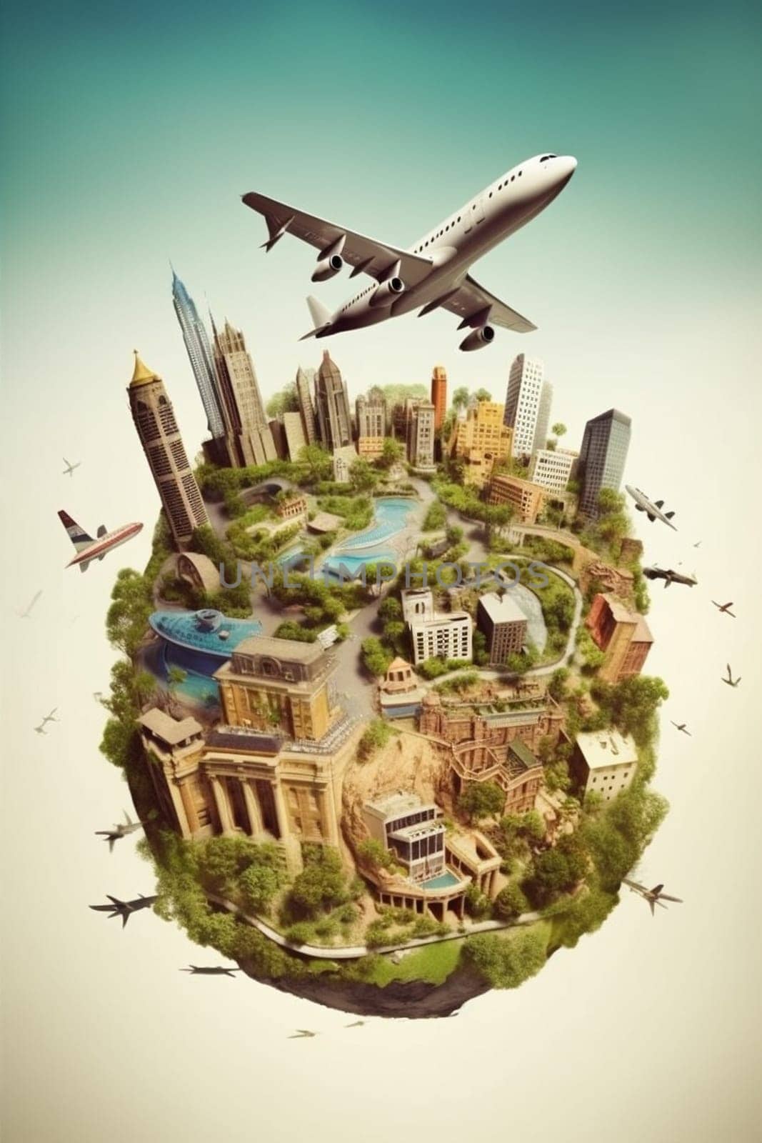 map europa globe travel earth city global illustration plane concept. Generative AI. by Vichizh