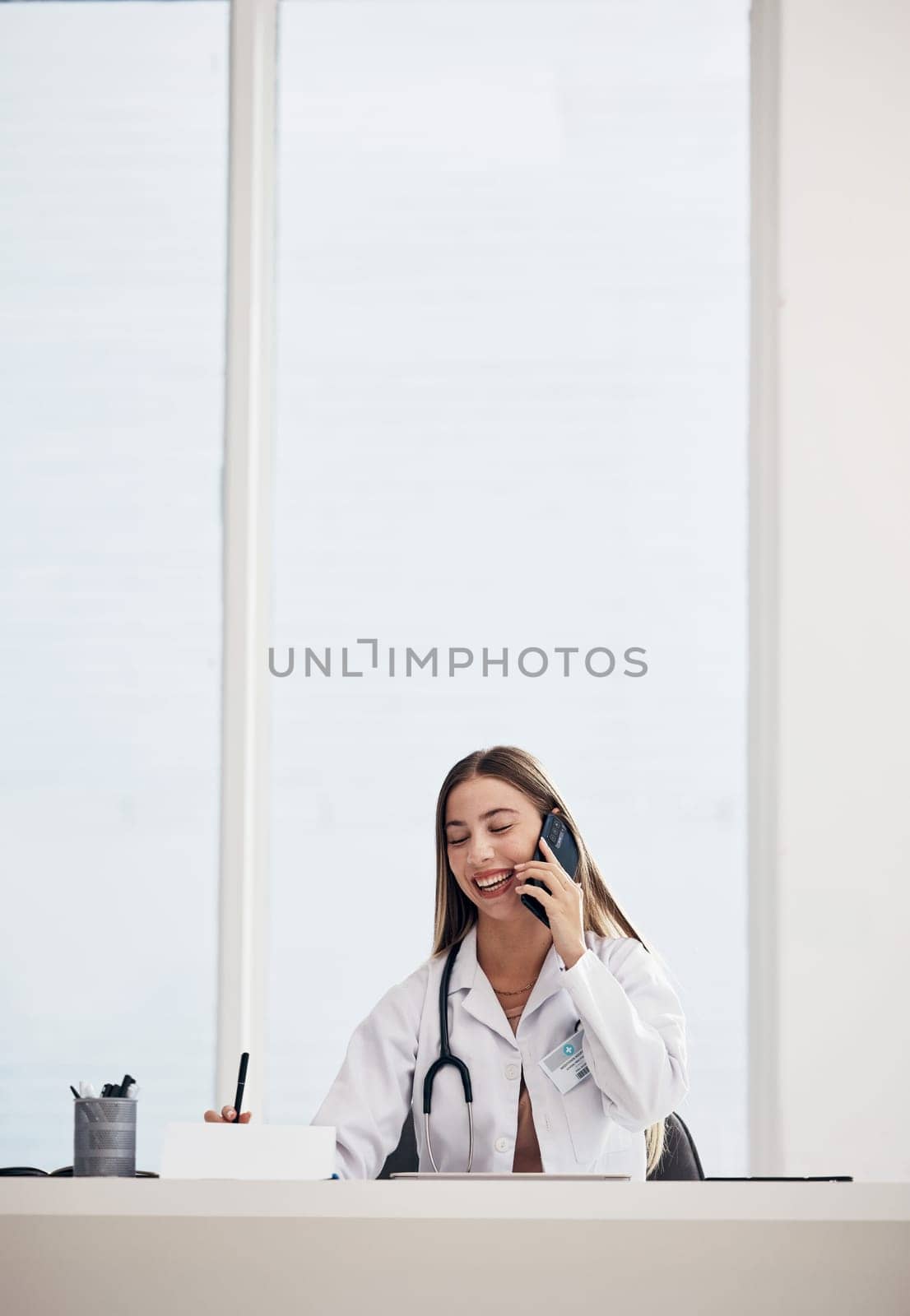 Phone call, woman and doctor with conversation, healthcare and connection with network, smile and digital app. Person, employee and medical professional with a smartphone, communication and surgeon.