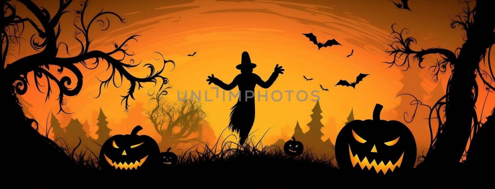 halloween fantasy black tree fall october celebration lantern ghost pumpkin monster holiday scary trick orange horror vintage treat night dark. Generative AI.