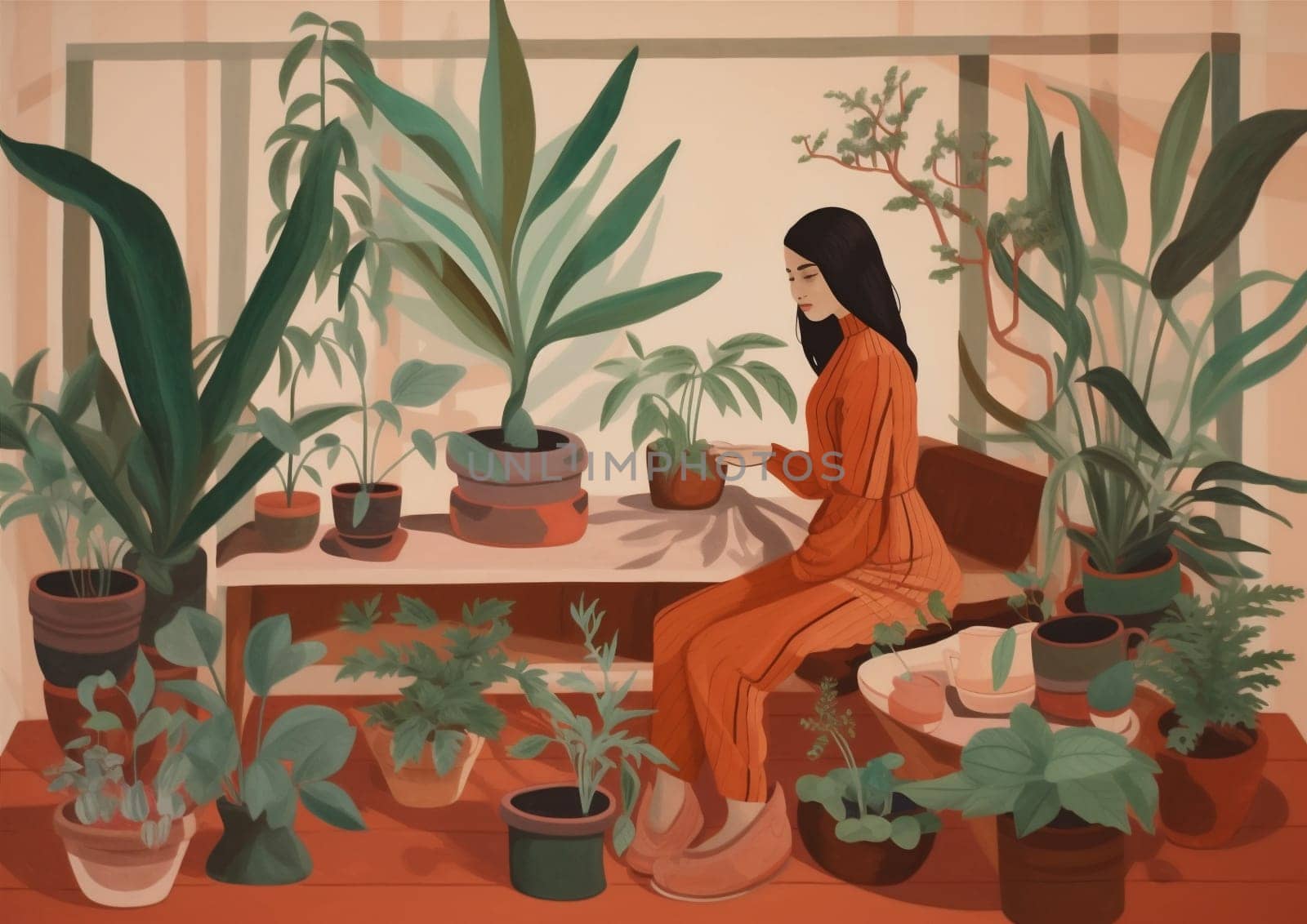 botanist woman flower houseplant pot hobby gardener horticulture entrepreneur indoor florist. Generative AI. by Vichizh