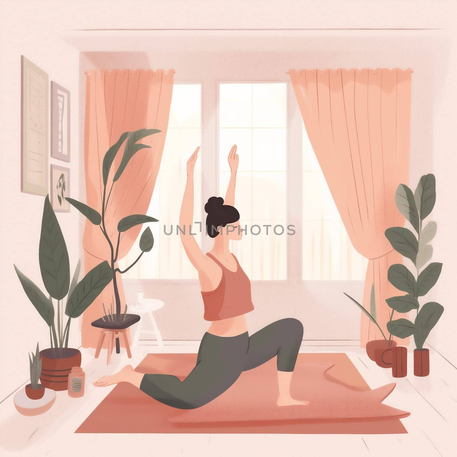 woman dog training yoga young workout exercising puppy body health healthy cat practice fitness adult lifestyle activity cartoon home mat sport. Generative AI.