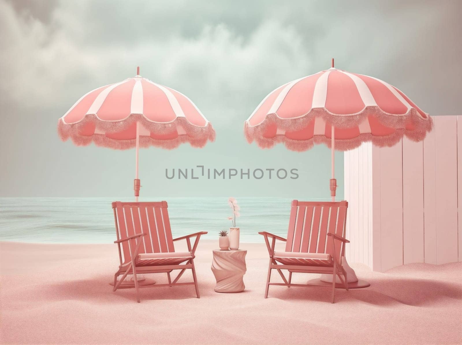 sky relax summer retro chair hat parasol striped umbrella tourism concept holiday coast sand tour sun colorful pink ocean blue vacation. Generative AI.