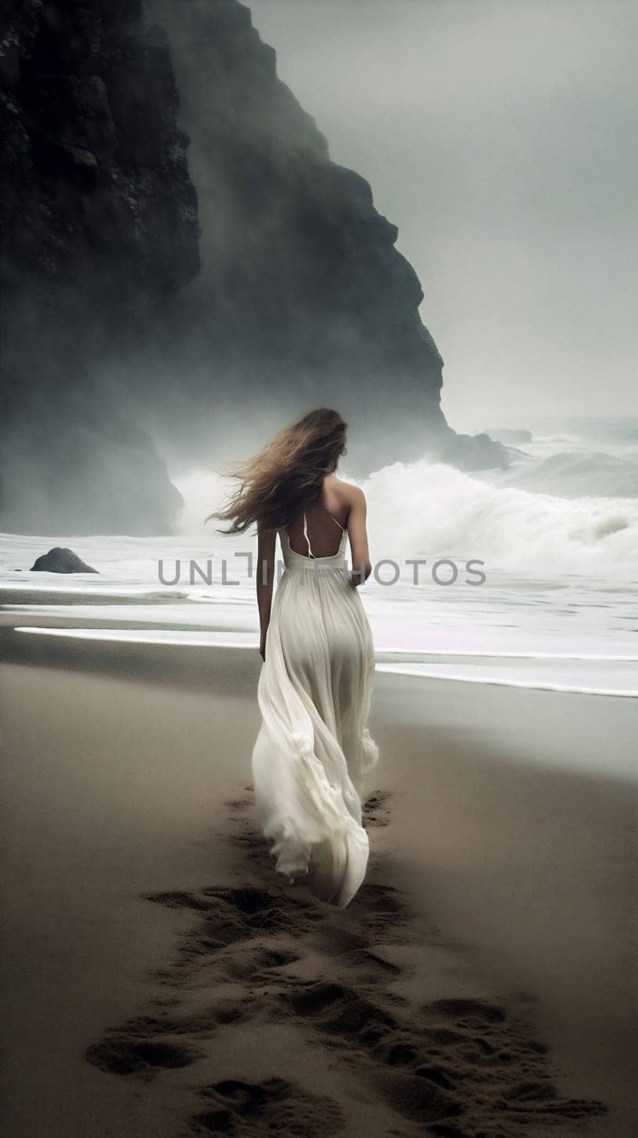 sky woman summer nature vacation dress storm sea beach ocean cloud. Generative AI. by Vichizh