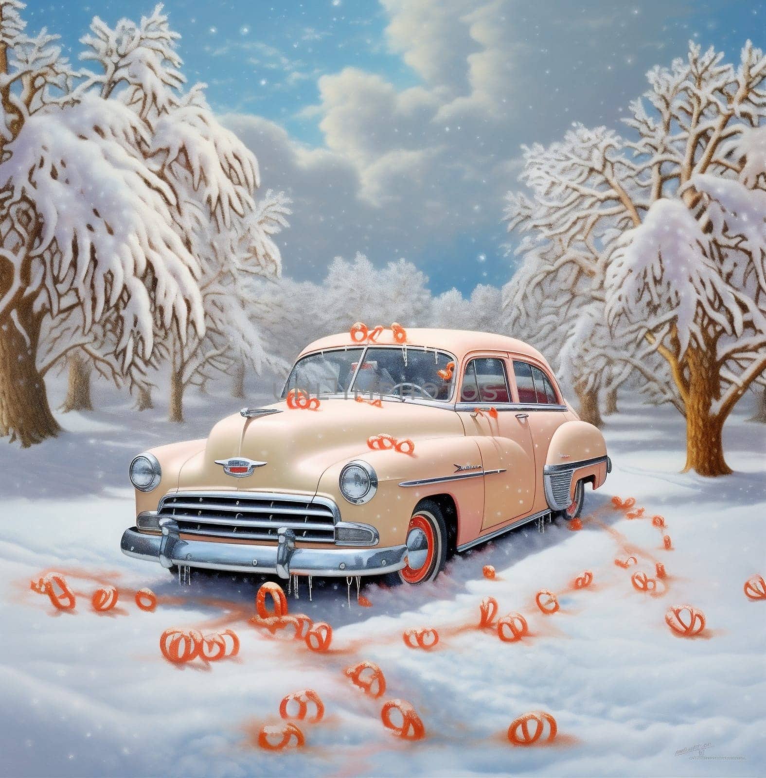 pink toy gingerbread vintage greeting car candy festive gift concept winter carrying snow holiday house retro christmas merry background claus small. Generative AI.