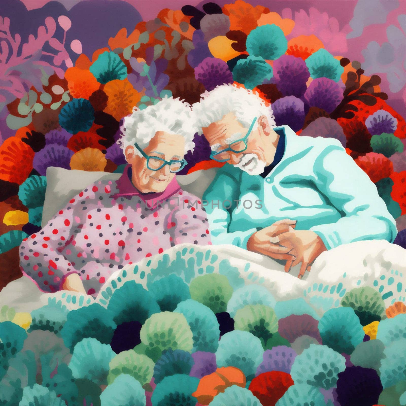 woman man retired couple relax asleep old together bed happy grandparent love. Generative AI. by Vichizh