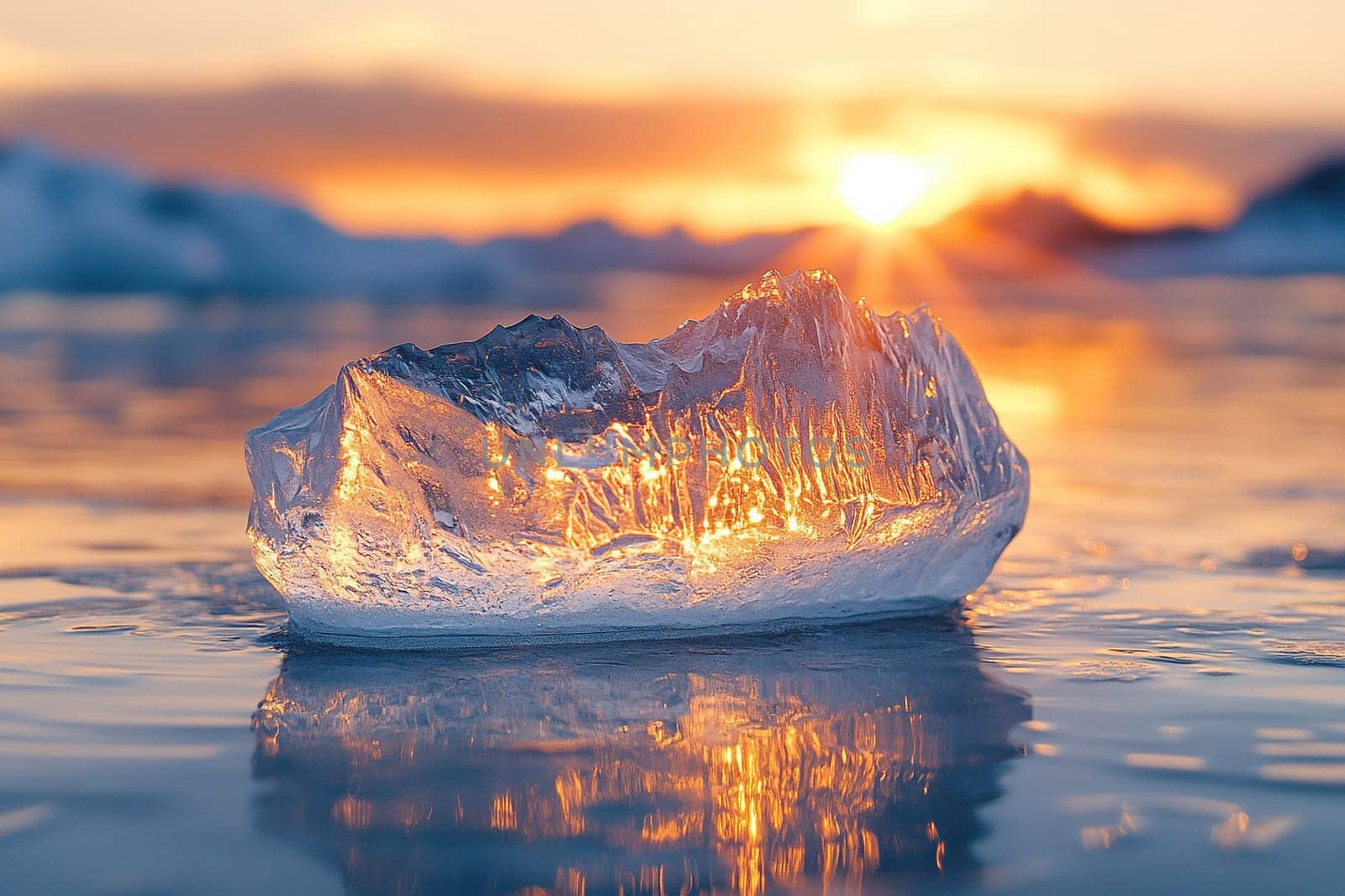 Ice floe melting on water with sunset rays in the background. Global warming concept.