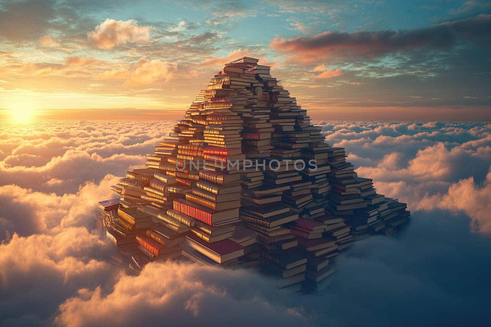 A huge pyramid of books rises above the clouds in the sunlight.