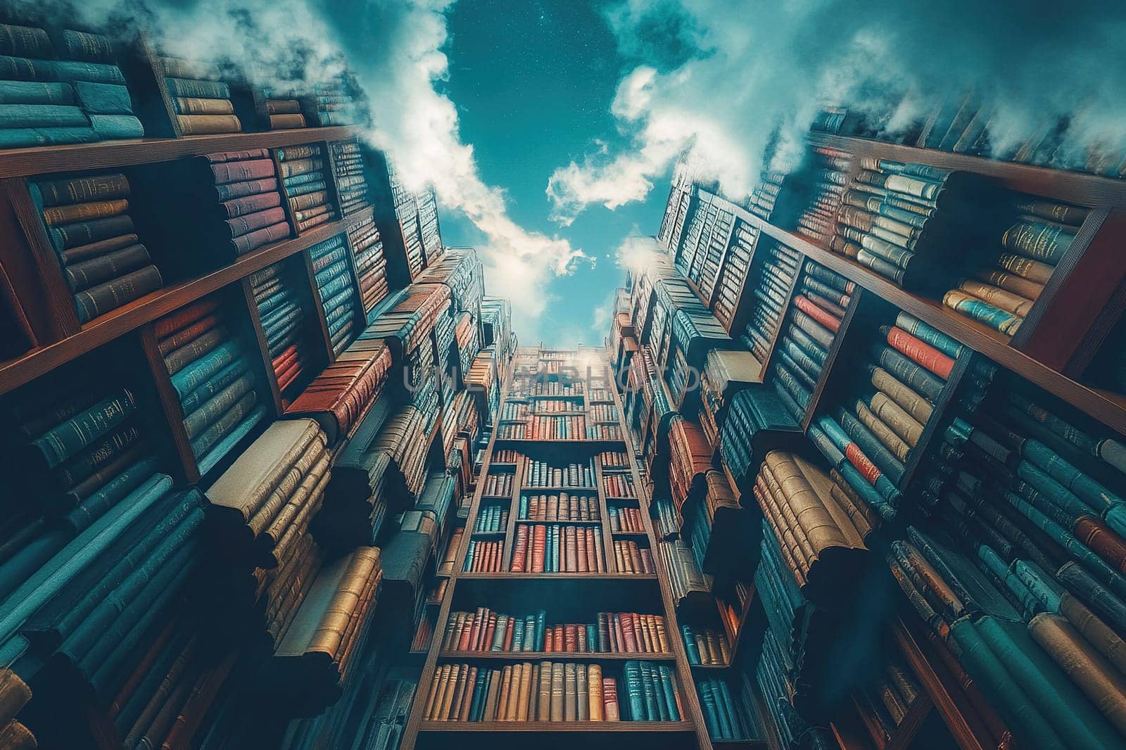 A rack of shelves full of books rises into the cloudy sky. Concept of gaining knowledge
