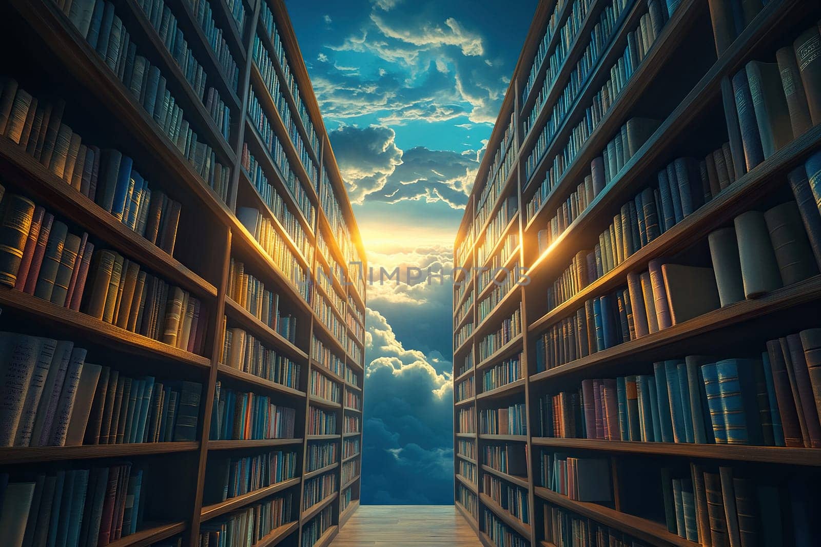 Library in the sky. The road to heaven is surrounded by tall shelves full of books.