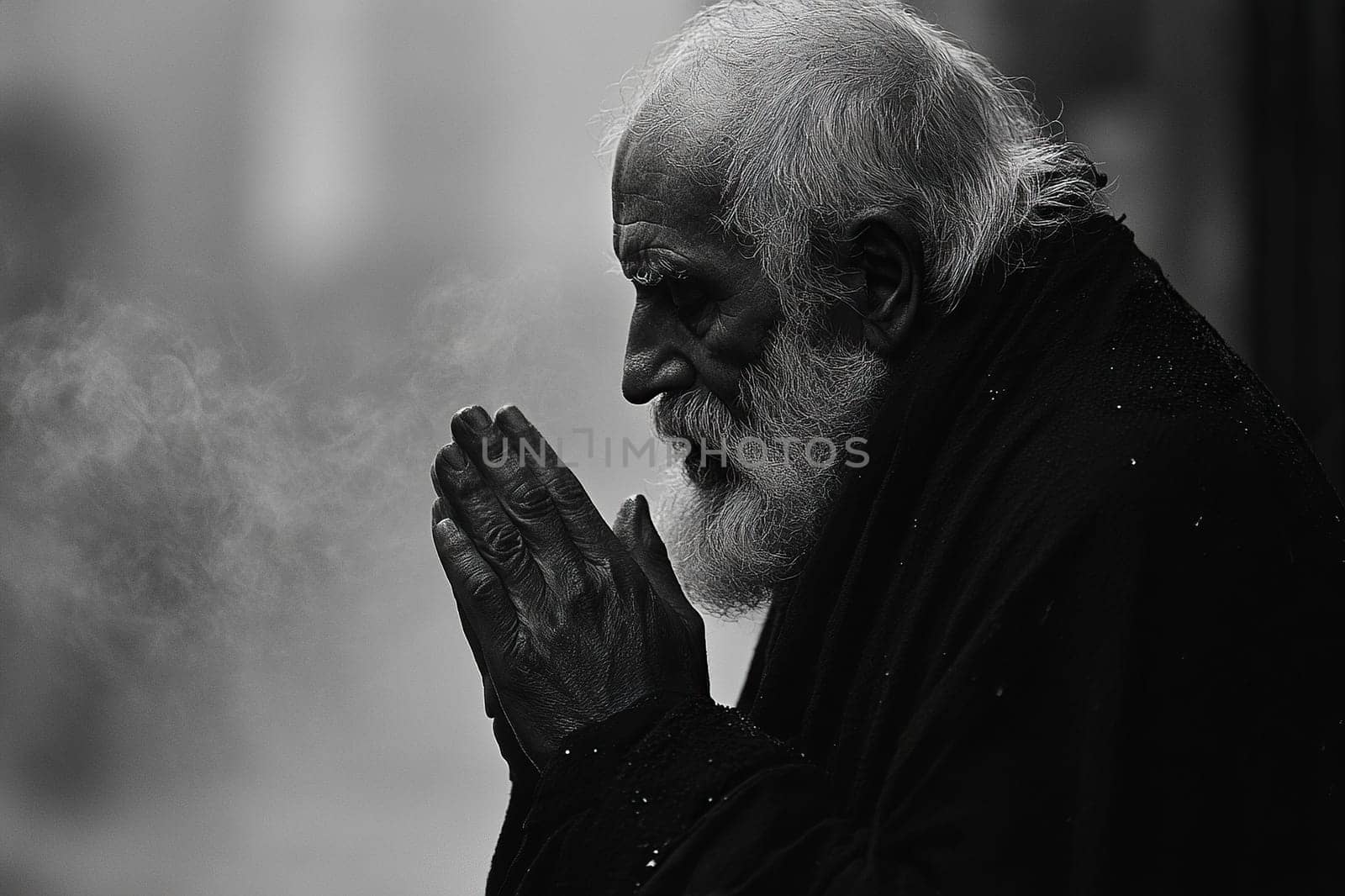 An elderly man with a beard folded his hands in prayer to the Lord God. A black and white image of an old man begging for forgiveness.