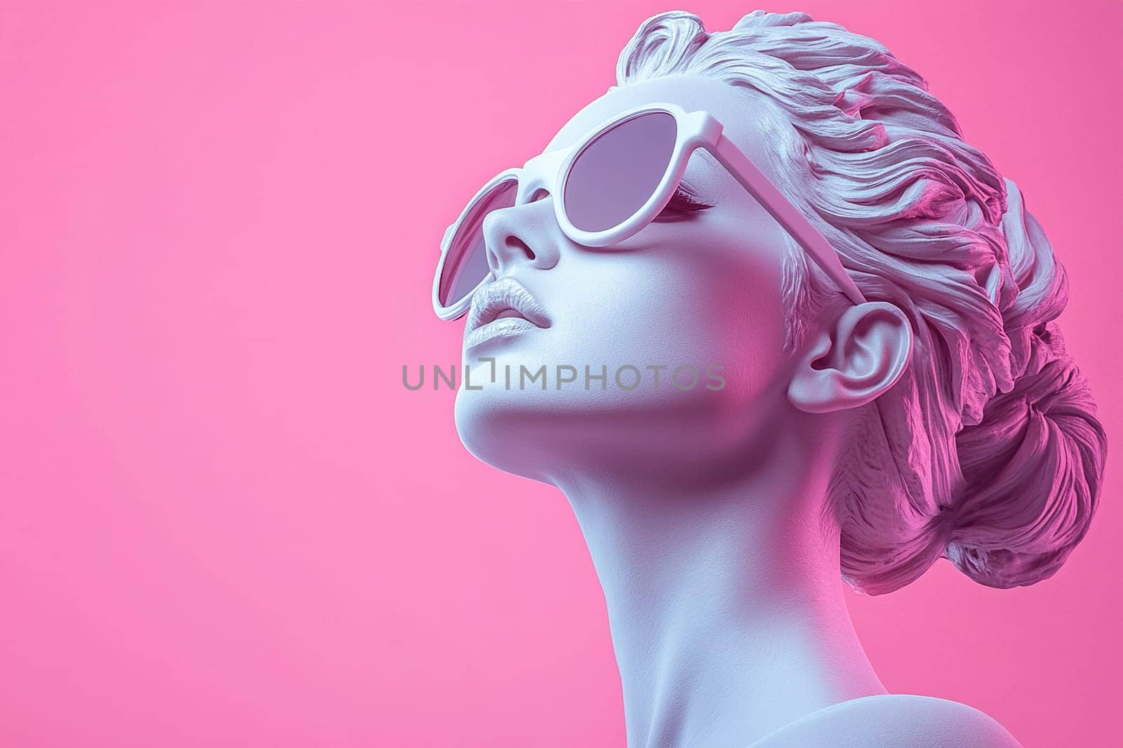 Beautiful female sculpture in ancient greek art style wearing sunglasses looking to the left on pink background. Fashionable photo of a girl statue.