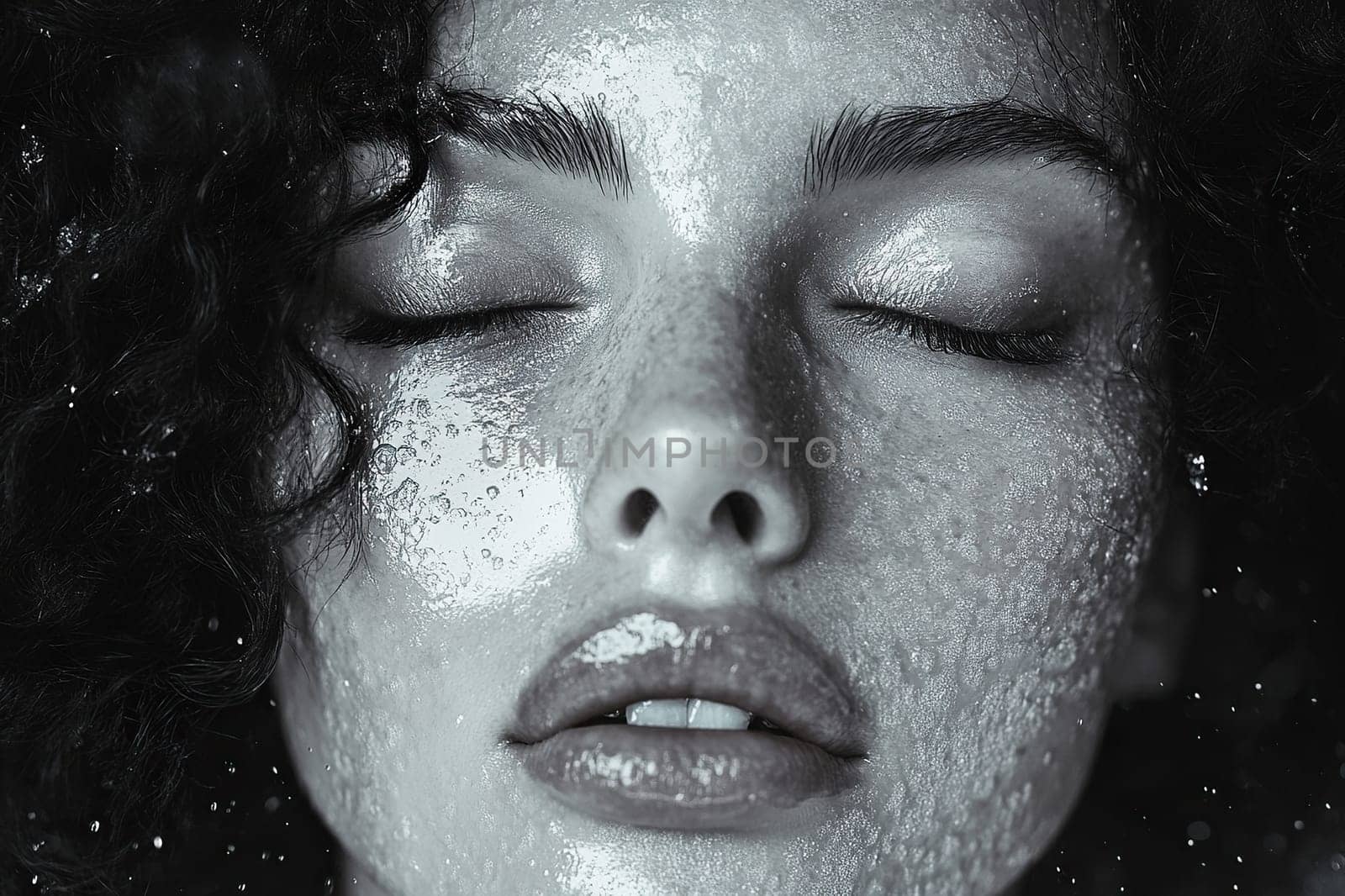 Black and white portrait of a woman with closed eyes and wet skin on her face. Portrait of a female face.