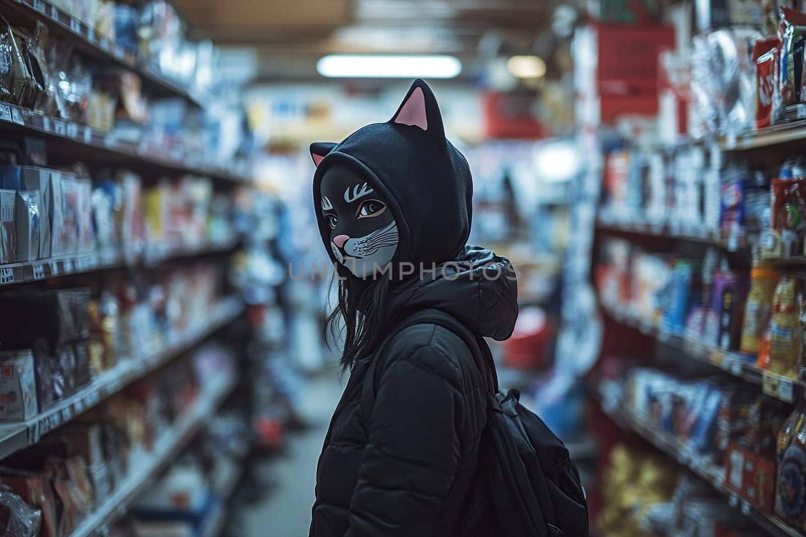 A teenage girl in a cat mask with ears stands between shelves in a grocery store. Quadrober.
