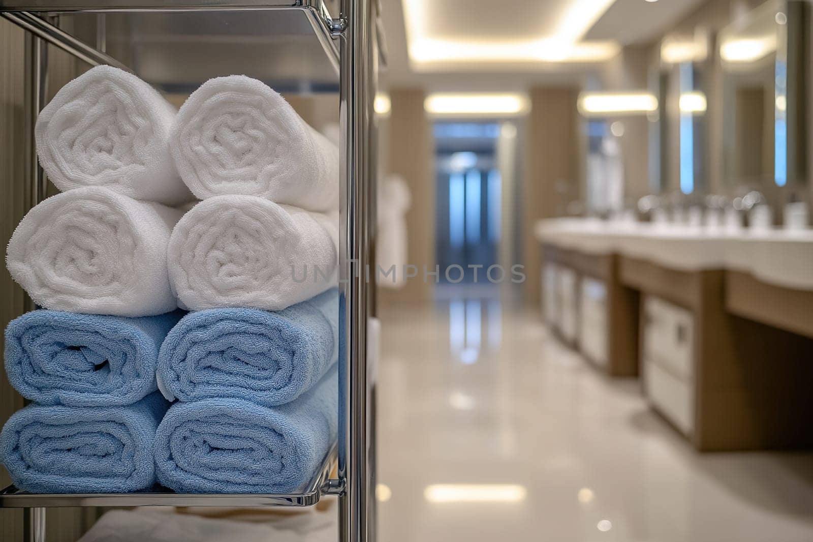 A trolley with clean towels stands in the hotel restroom. The concept of maintaining cleanliness.