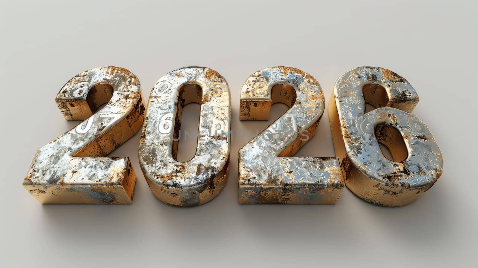The numbers representing the year 2026 are presented in a metallic format, showcasing a weathered and aged appearance that features various textures and colors.